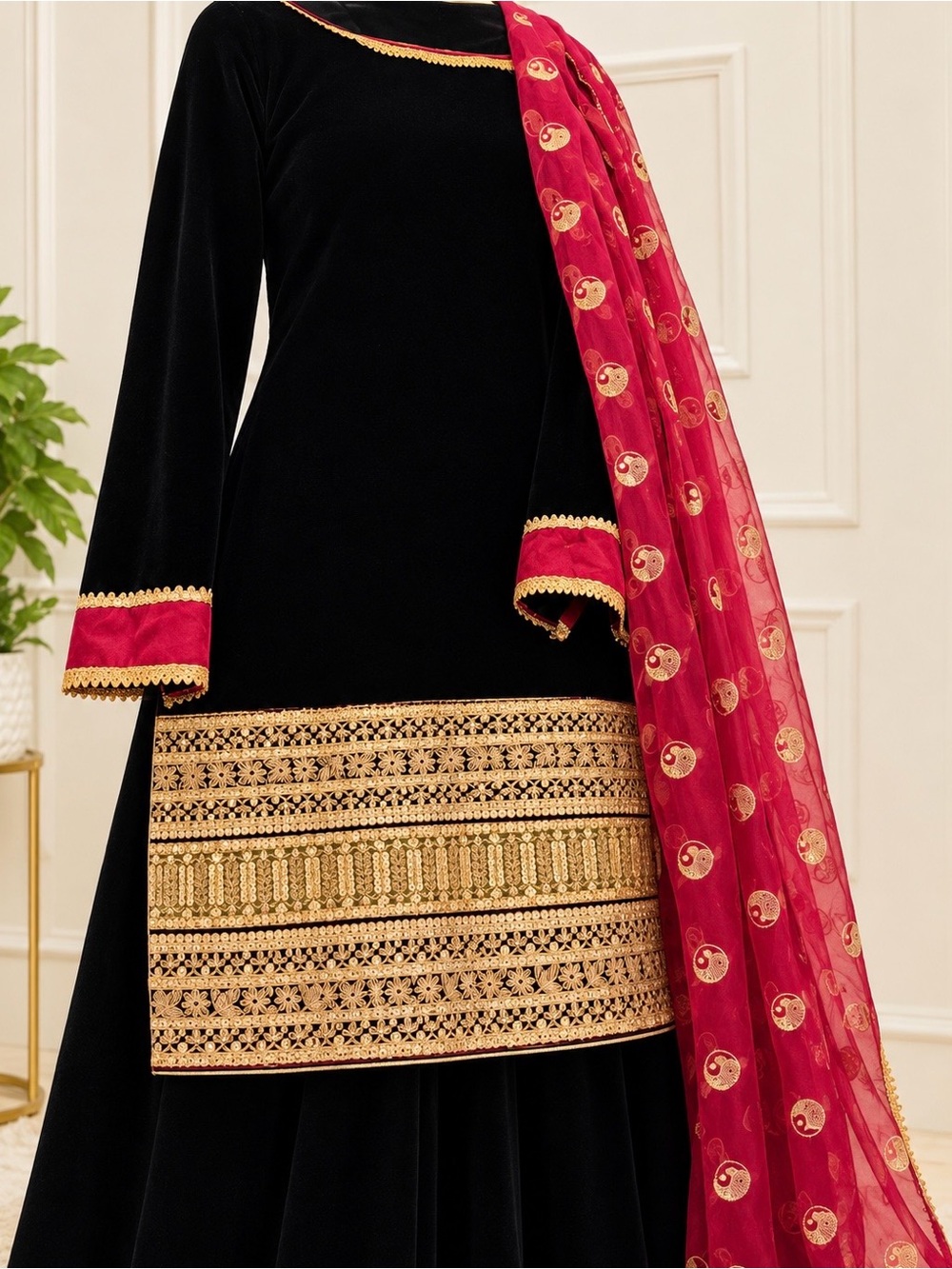 Black Velvet Long Sleeve Dress with Gold Embroidery and Magenta Dupatta